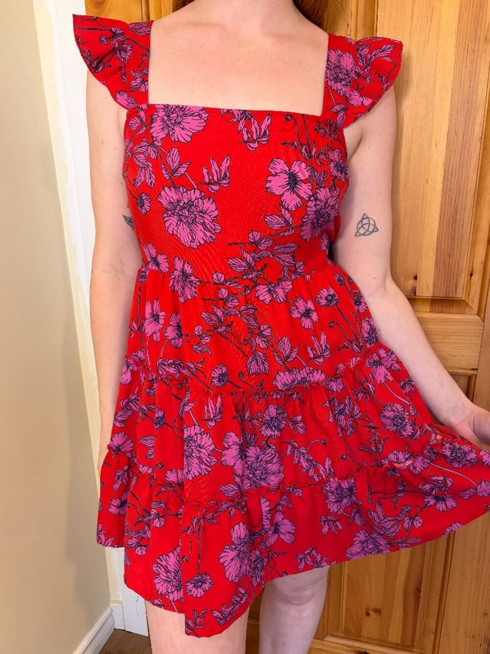 BOG Collective Floral Ruffle Tie Dress Red Pink Cottagecore Coastal Cowgirl Mini